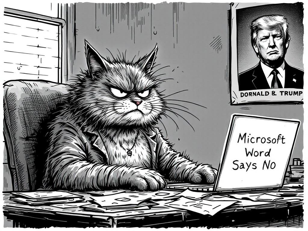 Black-and-white cartoon in underground style. A frustrated and angry cat with messy hair sits at a desk. Sweat appears on the cat's forehead. The laptop screen displays 'Microsoft Word Says No'. The desk is messy with coffee stains and scattered papers. A poster is visible in the background. The drawing is a detailed line work and hand-drawn style, rough and satirical.