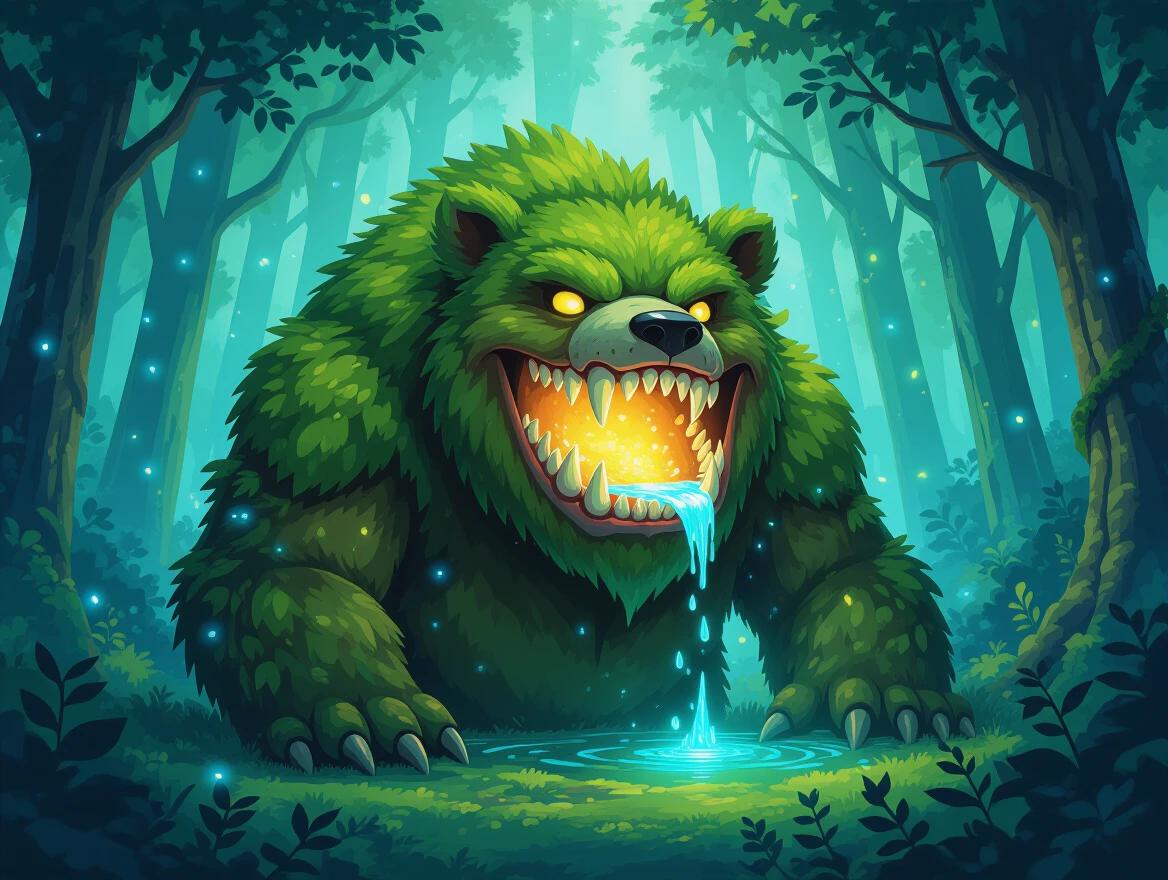 A massive moss-covered creature resembling a bear and a carnivorous plant moves through a glowing forest. Its face has flower-like mandibles showing gleaming teeth and a glowing throat. It hums a lullaby attracting lost children while watering seedlings with nectar. The scene is vibrant and painterly, reflecting a whimsical atmosphere.
