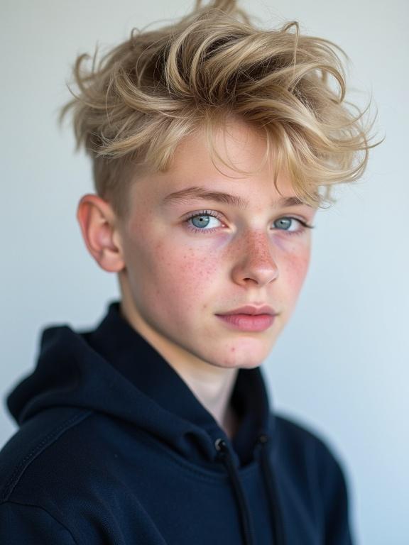 A 15-year-old boy with trendy, messy blond hair styled in a modern way. The boy features a dark hoodie that contrasts his hair color. He has sharp facial features with high cheekbones and a small nose. Piercing blue eyes gaze at the viewer while a subtle smile is present. The background is a crisp white or light gray that accentuates his features.