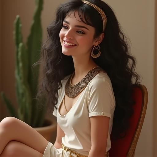 A beautiful girl with Egyptian heritage is laughing while sitting cross-legged on a chair. She has mildly thick eyebrows and a stylish attire. The background features indoor plants and soft lighting, creating a cozy atmosphere.