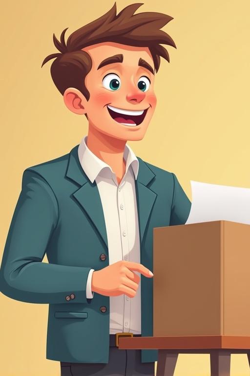 A cartoon character in a business suit is at a voting stand. The character is positioned with hands over a ballot box. A sheet of paper is placed nearby. The setting has a warm yellow backdrop. The character appears focused on the voting process.