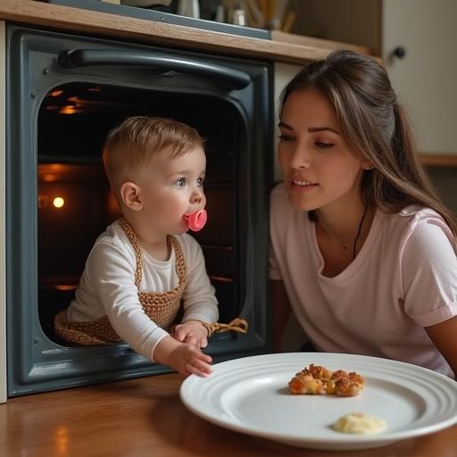 A mother interacts playfully with her child. A child pretends to be in a large oven. An oversized pacifier is in the child's mouth. A large plate is nearby awaiting the child's placement.