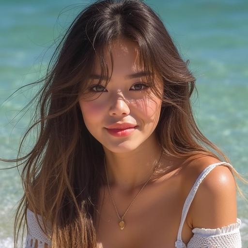 Beautiful young Asian woman in stylish swimwear poses confidently. Soft smile, smooth skin, natural light, high-resolution photo. Elegant pose with perfect body balance.