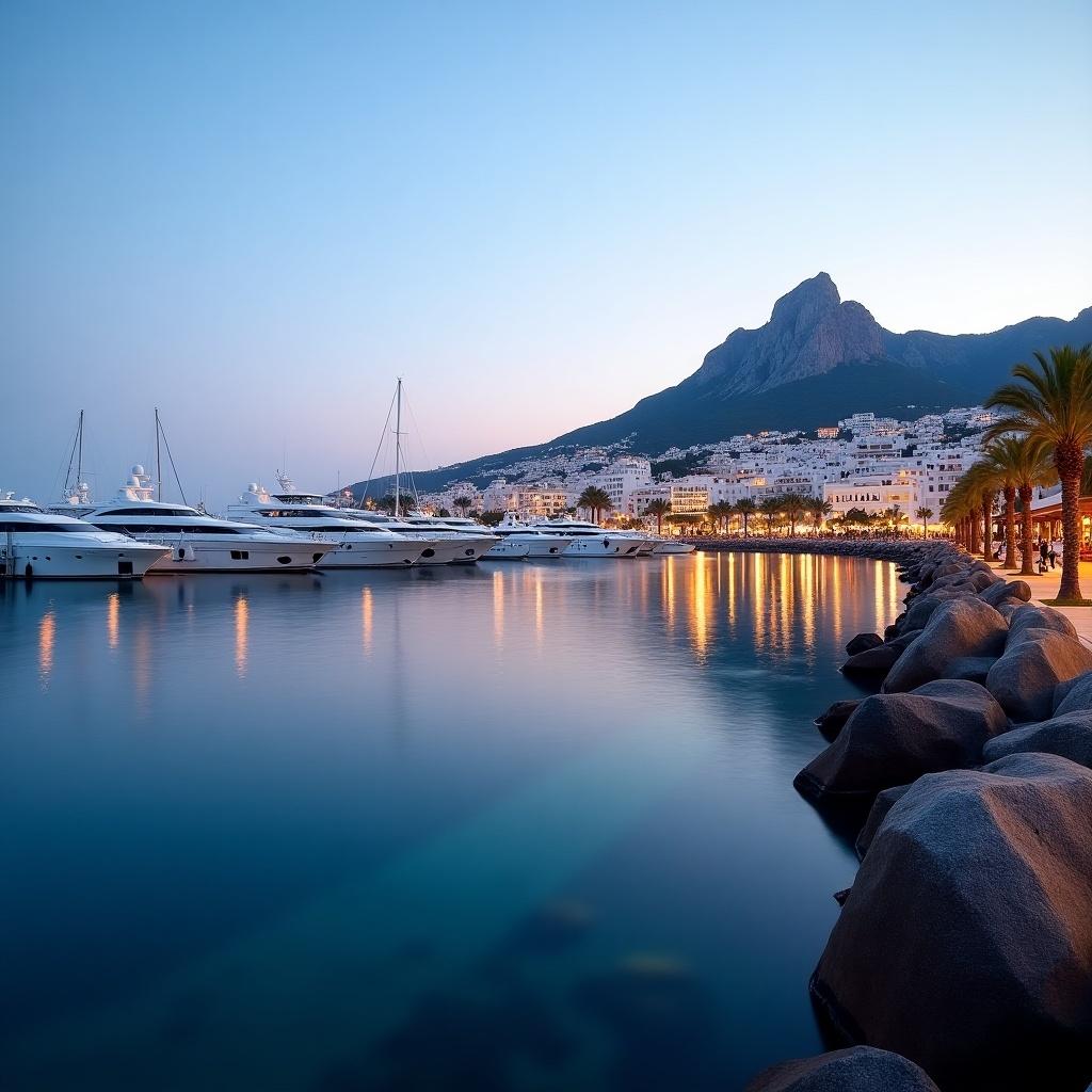 Panoramic view of marina during twilight in Spain. Features luxurious yachts docked along calm waters. Background shows white Mediterranean buildings illuminated by golden lights. Majestic La Concha mountain visible. Sky transitions from blue to pink and purple. Scene framed by rocky piers and palm trees.