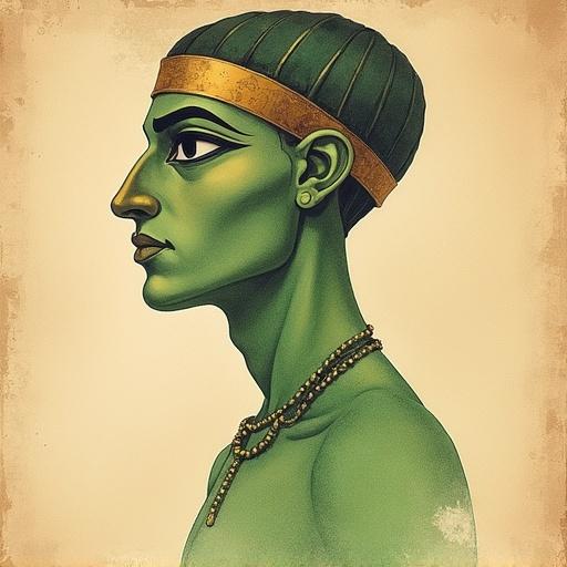 Vintage watercolor pencil drawing. Man depicted in muted colors. Pencil drawing technique applied. Egyptian-style nose highlighted. Flat colors utilized. Background resembles an ancient manuscript. Large outlined eyes and elongated profile featured. Face exhibits classic Egyptian features. Body displays a green gradient. Textured canvas appearance showcased.