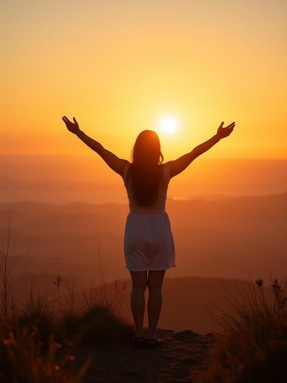 Serene woman stands on a hill at sunrise. Arms open wide. Peaceful expression. Symbolizes freedom and healing. Nature background. Inspirational tone.