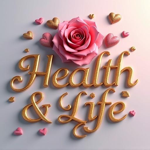 3D rendered design features name 'HEALTH & LIFE' in gold script. Glossy effect creates a luxurious look. A deep pink rose with gold accents curves above the text. Pink and gold hearts scatter around the rose. Soft lighting enhances the colors and details.