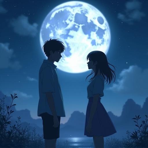 Anime scene features a boy and girl standing together at night. The bright moon is visible in the background. Characters appear to be comparing their feelings or thoughts in a romantic atmosphere.
