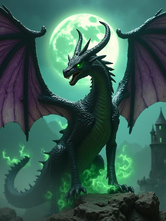 Ultra-detailed resin figure of a Dark Dragon in a night scene attended by a full moon. Dragon has large horns curved behind, open bat-like wings with a purple interior. Features shiny black scales with purple accents, a greenish underbelly, and an imposing arched posture. Mouth open with spirals of bright green fire. It possesses luminous neon green eyes. Dark clouds and green smoke surround the figure with magical light visible. In the backdrop, a dark castle amid mountains and a stormy sky prevalent in a detailed and dramatic style.