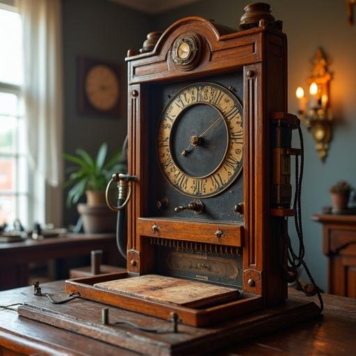 A detailed image of a ham radio guillotine featuring wooden structure and clock face.