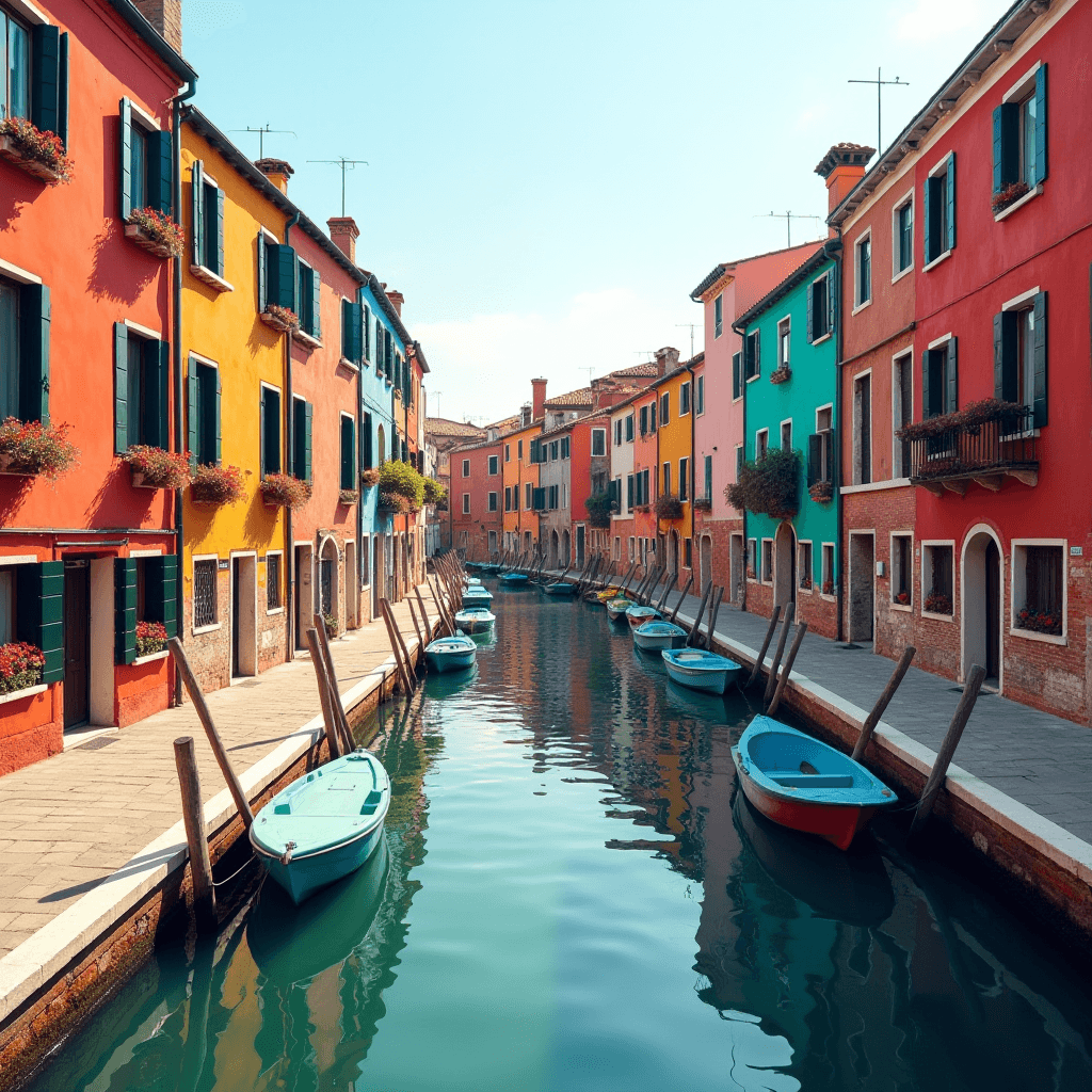 Colorful buildings line a narrow canal with small boats and reflective waters under a bright sky.