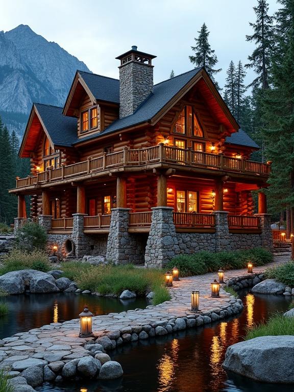 Magnificent intricately designed log cabin nestled in a picturesque mountain setting with warm lighting and surrounded by nature
