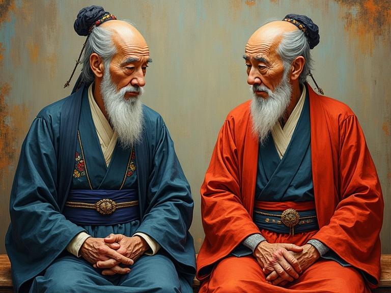 Two elderly men in traditional attire sit calmly in a serene 17th century Japanese setting. They share a subtle nod, hands resting on knees. The scene is characterized by a neo-impressionism style, influenced by Munch and Schiele. The use of thick layers of acrylic paint adds texture.