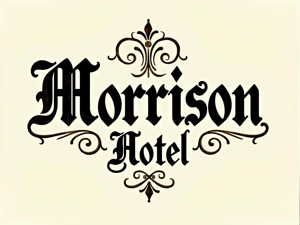 Image features phrase Morrison Hotel in hand-written medieval style typography. Classic lettering has elaborate flourishes and decorative elements. Black glossy letters stand out on soft cream background. Surrounding text are intricately designed flourishes.