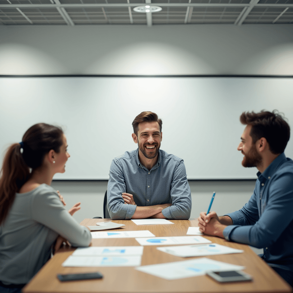 The image depicts a professional meeting setting with three individuals seated around a table, engaged in a discussion. The room is equipped with a whiteboard in the background, suggesting a collaborative environment. The central figure is a man in a casual blue shirt, smiling as he interacts with the others, indicating a positive and open discussion. To his left, a woman appears to be actively participating, while another man on the right takes notes or contributes to the conversation. The table is scattered with documents and papers, possibly containing charts or data, underscoring a business context. The lighting is bright, emphasizing a clean and organized workspace.