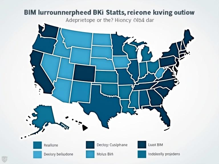 Map of the United States showing the development status of BIM technology across different states. Various shades of blue represent different levels of development.