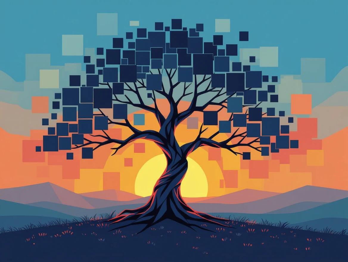 Concept art of a tree with squares. Abstract squares form leaves and flowers. The sunset is composed of squares. Dominant colors include blue green black and orange pink. Style features sponge dabbed squares and sketched outlines. Surreal and artistic.