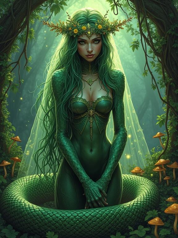 A lamia druid in an enchanted forest. Upper body with emerald-green scales. Long vine-like hair with flowers. Translucent veil on her head with tiny lights. Massive snake tail coiled below. Surrounded by vines and glowing mushrooms. Dynamic action pose in a mystical atmosphere.