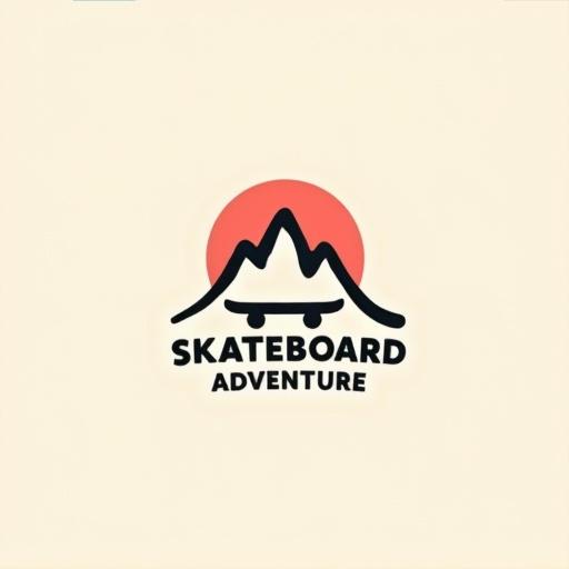 Minimalist logo design with abstract icon combining mountain and skateboard elements. Text styled as 'SKATEBOARD ADVENTURE' in a clean font. Vintage-modern style with linework. Color palette of black, cream, and muted red/pink. Focus on a clever unique mark.