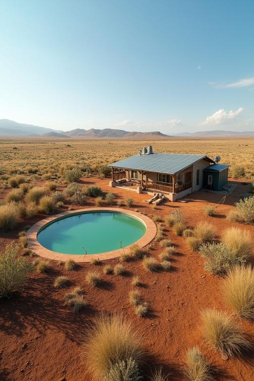 Aerial view of a one hectare farm in Namibia. Features a house, swimming pool, and surrounding desert landscape. Greenery and open space dominate the area.