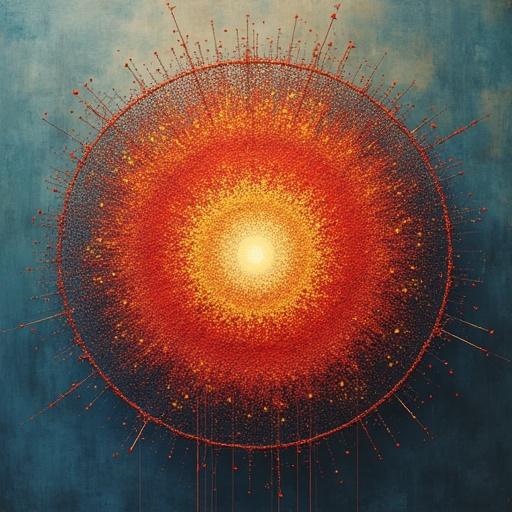Artwork features a hyper-realistic dot format inside a circular shape on a square canvas. The center glows brightly in orange and white while the background contrasts with a deep blue. Outer spikes and dots create a radiant effect.