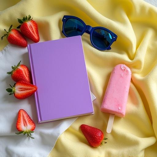 Fashion still life with colorful picnic elements. Strawberry slices surrounding a violet book. Blue-tinted sunglasses beside a melting pink popsicle. Arranged on a pale-yellow scarf over crumpled blanket. Shot from above to emphasize bright and summery feel.