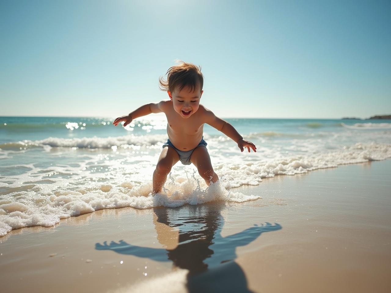 A young child with short hair plays joyfully amidst the gentle waves on a sunny beach, casting a playful shadow on the wet sand. The child is laughing and splashing around in the water. The sun shines brightly, illuminating the scene and creating a warm ambiance. Soft waves lap at the shore while the child’s excitement is palpable. The sandy beach stretches in the background, enhancing the inviting atmosphere of a perfect day by the ocean.