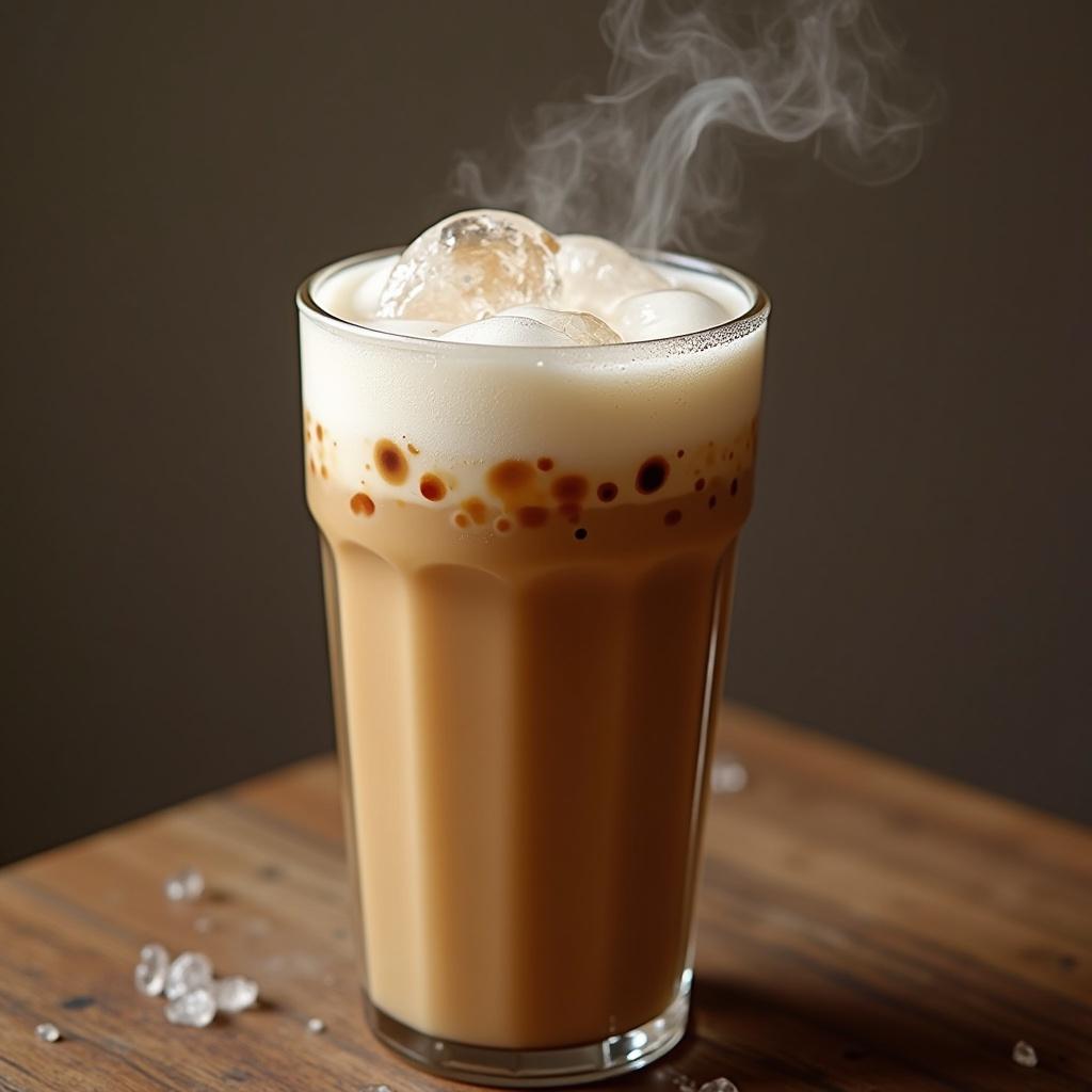 Iced coffee featuring foam milk on top served in a glass with ice cubes.