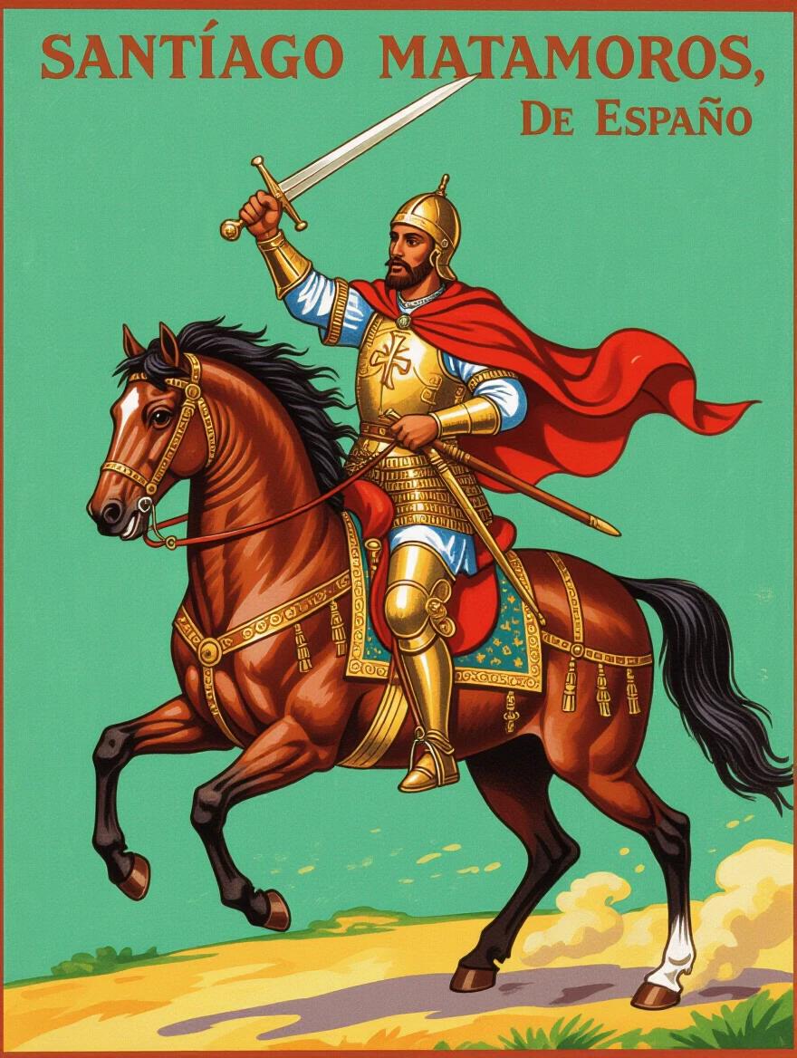 Santiago Matamoros mounted on a horse. He is raising his sword. Plain green background.