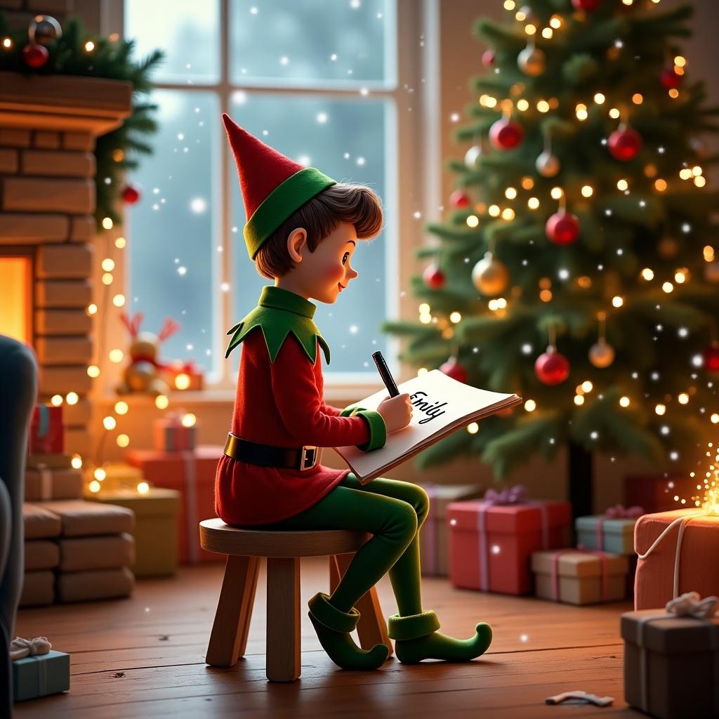 An elf is sitting and writing the name 'Emily' on a piece of paper. A cozy setting includes a fireplace and a decorated Christmas tree with presents around. Soft lights create a warm atmosphere.