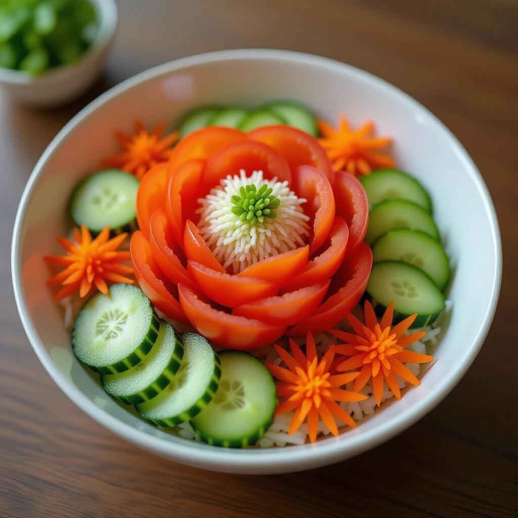 Sophisticated salad decoration featuring a central tomato flower made of sliced tomato peel. Surrounding elements include grated carrot, cucumber slices, and a flower made from sliced onion. Bright and fresh colors enhance the appeal.