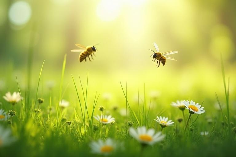 Vibrant grass field with bees fluttering around flowers. The scene features a shallow depth of field. Grass in foreground is sharply focused while background has a blur of colors. Soft diffused light creates a dreamy atmosphere.