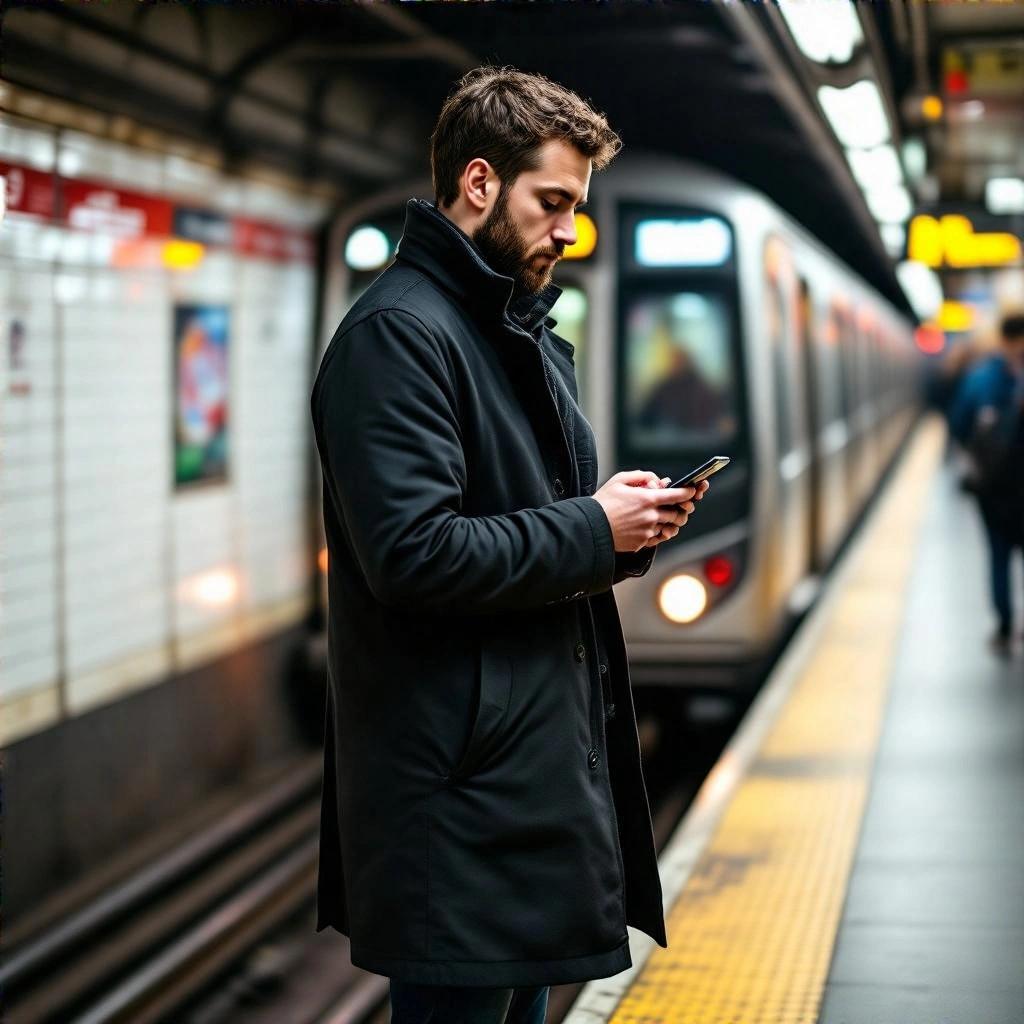 A man in a black coat stands on a subway platform. He looks at his phone while waiting for the train.