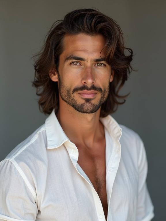 Handsome Italian man with mid-length hair wearing a white linen shirt in a neutral background