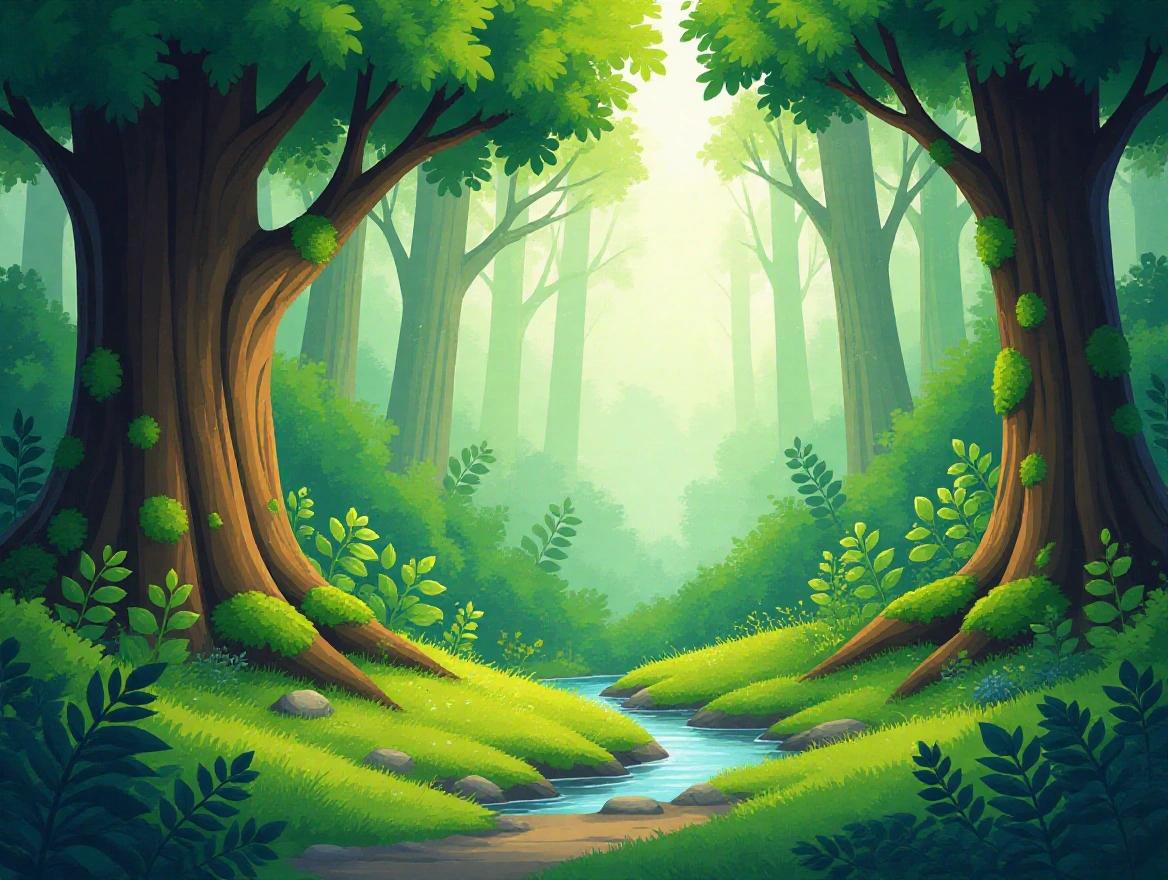 Illustrate a vibrant forest landscape with healing power. Include lush green plants, moss-covered trees, gentle stream or path. Soft natural lighting suggests peaceful sanctuary. High-quality style suitable for calming background.