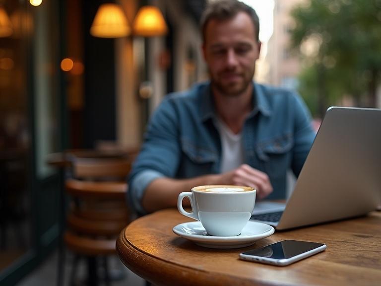 A cafe in Barcelona with outdoor seating, a steaming cappuccino on the table, and a man working on a laptop. The shot is from above and faces the table with a smartphone vibrating on the table.