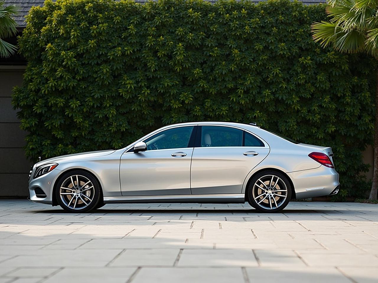 The image shows a silver sedan parked in a well-lit area. The car has a sleek design with sporty wheels and visible brake calipers. There are lush green plants in the background, creating a contrast with the car's metallic finish. The ground is paved with stone tiles, adding elegance to the scene. The overall atmosphere appears calm and stylish, suitable for luxury vehicles.