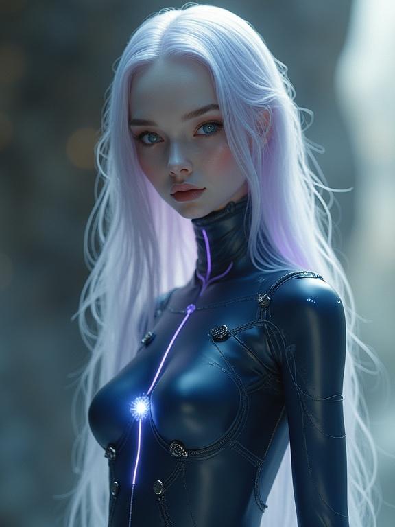 Ultra-realistic digital portrait of an ethereal female android. She has a slender figure with ivory skin and a pearlescent sheen. A softly glowing orb is at the solar plexus. Silva-lavender hair cascades to her hips. Translucent aqua eyes have violet-silver patterns. She wears a midnight-blue bodysuit with obsidian clasps. Warm backlight outlines her curves. Cinematic framing and hyper-detailed painting used.