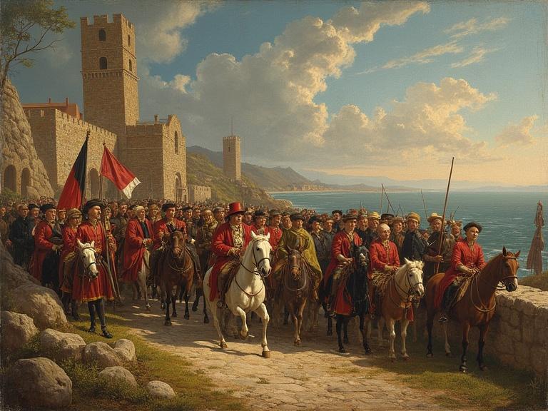 Spanish cavalry procession during the 17th century. Soldiers in red uniforms ride on horseback along the coast. Ancient towers and buildings in the background. Scenic seaside view under a blue sky with clouds.