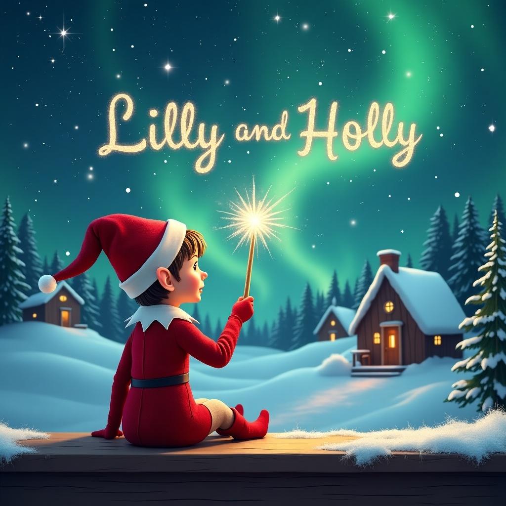 An elf sits on a wooden ledge with its back to the camera, gazing at a magical sky. The elf, dressed in a red outfit with a pointed hat, holds a sparkling wand. With the wand, the elf elegantly writes the names 'Lilly' and 'Holly' in the starry sky. The background features a snowy landscape with charming little houses and evergreen trees under the shimmering Northern Lights. This whimsical scene captures the essence of childhood magic and Christmas cheer.