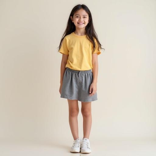 Cute young girl wearing a yellow t-shirt and a gray short skirt is standing in front view. Full body view with soft, natural lighting. The setting is simple with a neutral background.