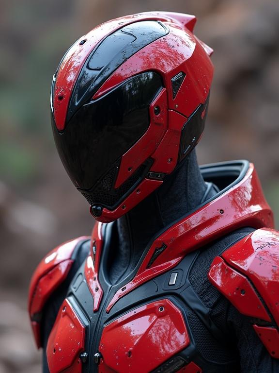 High tech sci-fi suit with sharp angular design and visor helmet in anime style.