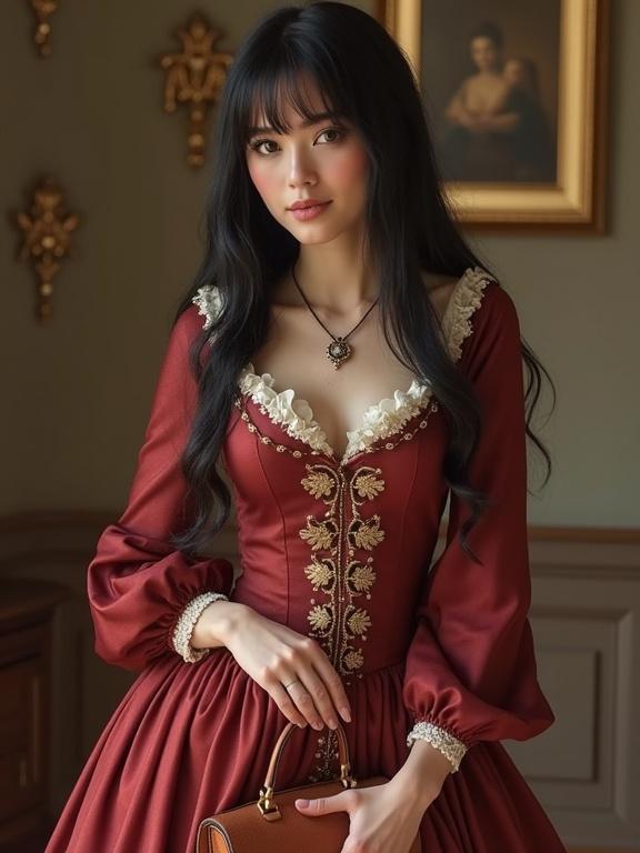A woman dressed in an elegant 1800s princess gown. The gown is deep red with intricate details and a neckline adorned with floral patterns. The subject has black hair and a soft expression. The background features classical decor that complements the era of the dress. She is holding a stylish purse and looking towards the viewer.