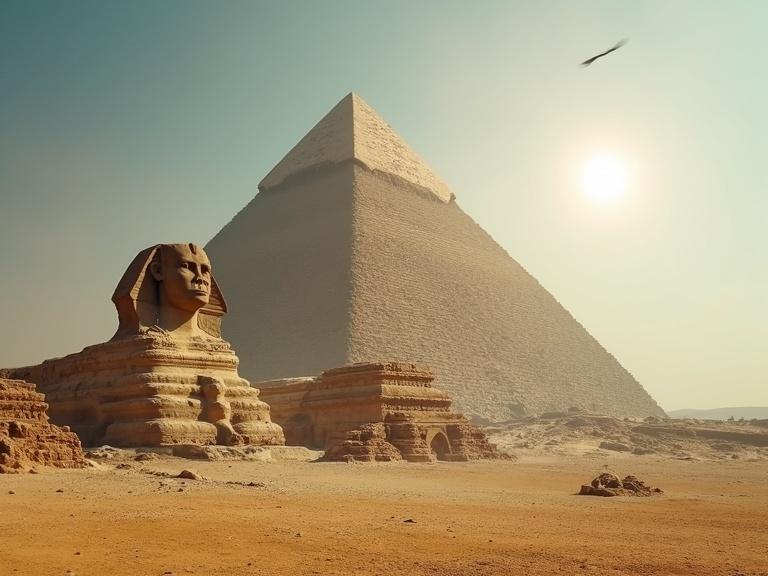 An impressive mammoth in an icy landscape on the left. The Great Pyramid of Giza on the right under a scorching sun. The contrast is extreme and confusing.