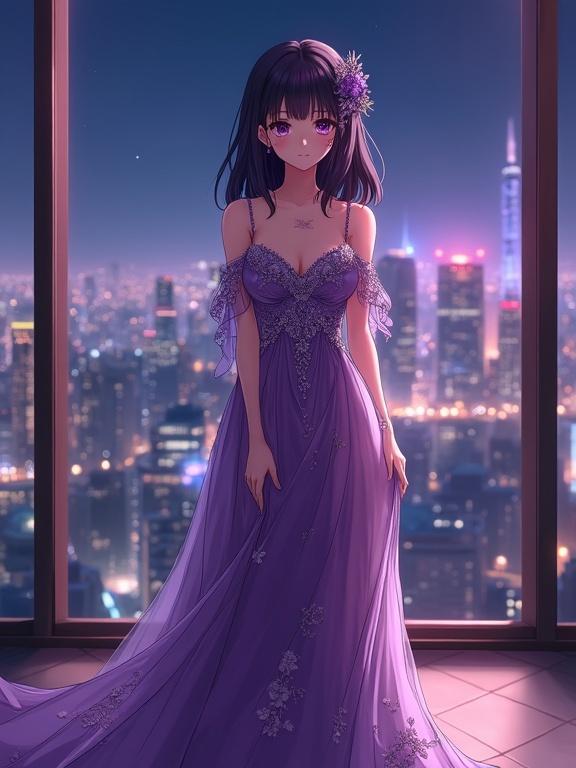 Anime woman with dark violet hair. She wears an elegant long off-the-shoulder gown. The gown is purple with silver floral patterns. The scene is a luxurious night lounge. City lights shine through the windows. The atmosphere is elegant and romantic. She possesses a subtle smile. The image is high-quality, with professional photography style. Depth of field focuses on the woman and the elegant setting.