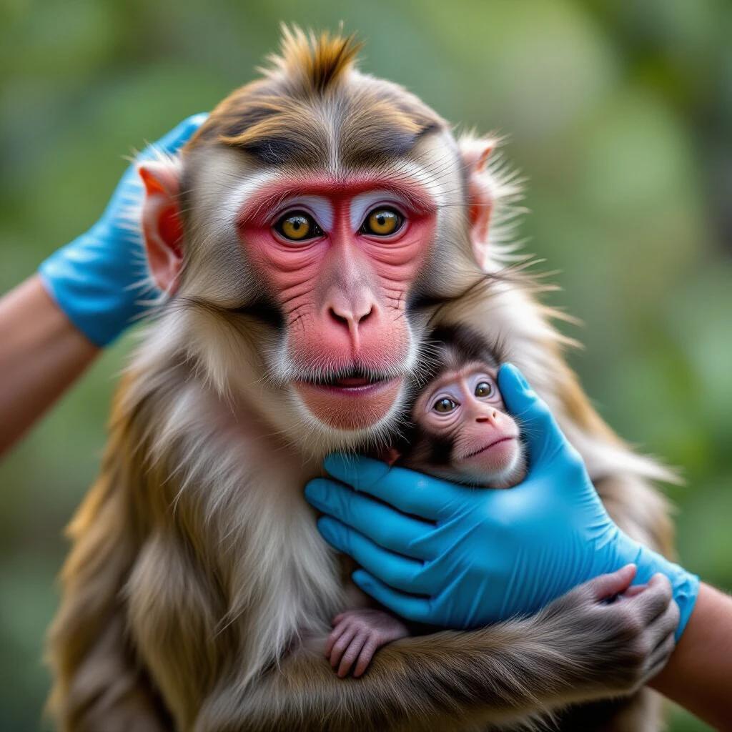 Close-up of a monkey with a baby monkey. Veterinary staff in gloves caring for them. Natural setting background with blurred greenery.