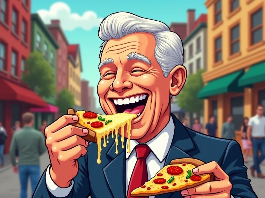 The image shows a cheerful man in a suit enjoying a slice of pizza. He is smiling widely, with strings of melted cheese stretching from the pizza. The background features a vibrant street scene with people walking and colorful buildings. It conveys a sense of happiness and indulgence in food. The atmosphere is lively and inviting, encouraging viewers to appreciate the joy of good food.