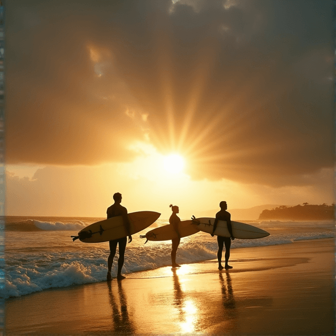 Three surfers holding their boards stand on a beach, silhouetted against a vibrant sunset with golden rays piercing through the clouds.