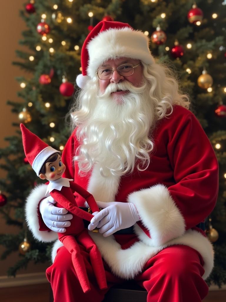 Santa in a red suit with fluffy white trim. Holding colorful Elf on the Shelf. Christmas tree in the background with ornaments. Cozy indoor setting.