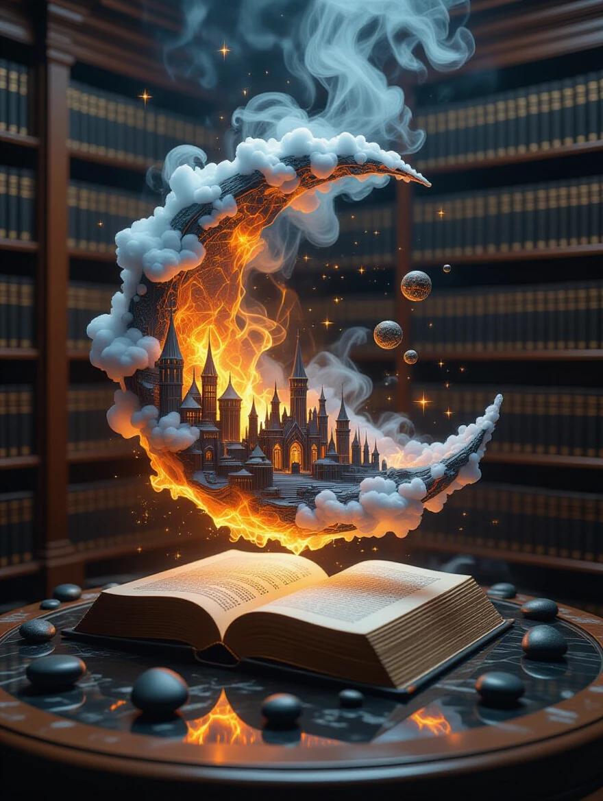 An open grimoire on a glass table in a library creates a scene. Thick smoke and fire rise from the grimoire. Black stones surround the book. A crescent moon made of clouds and fire forms a fluid fractal shape. Inside the moon, a city appears as a mirage. Flying potions enhance the magical ambiance. High fantasy art showcases this magical world.